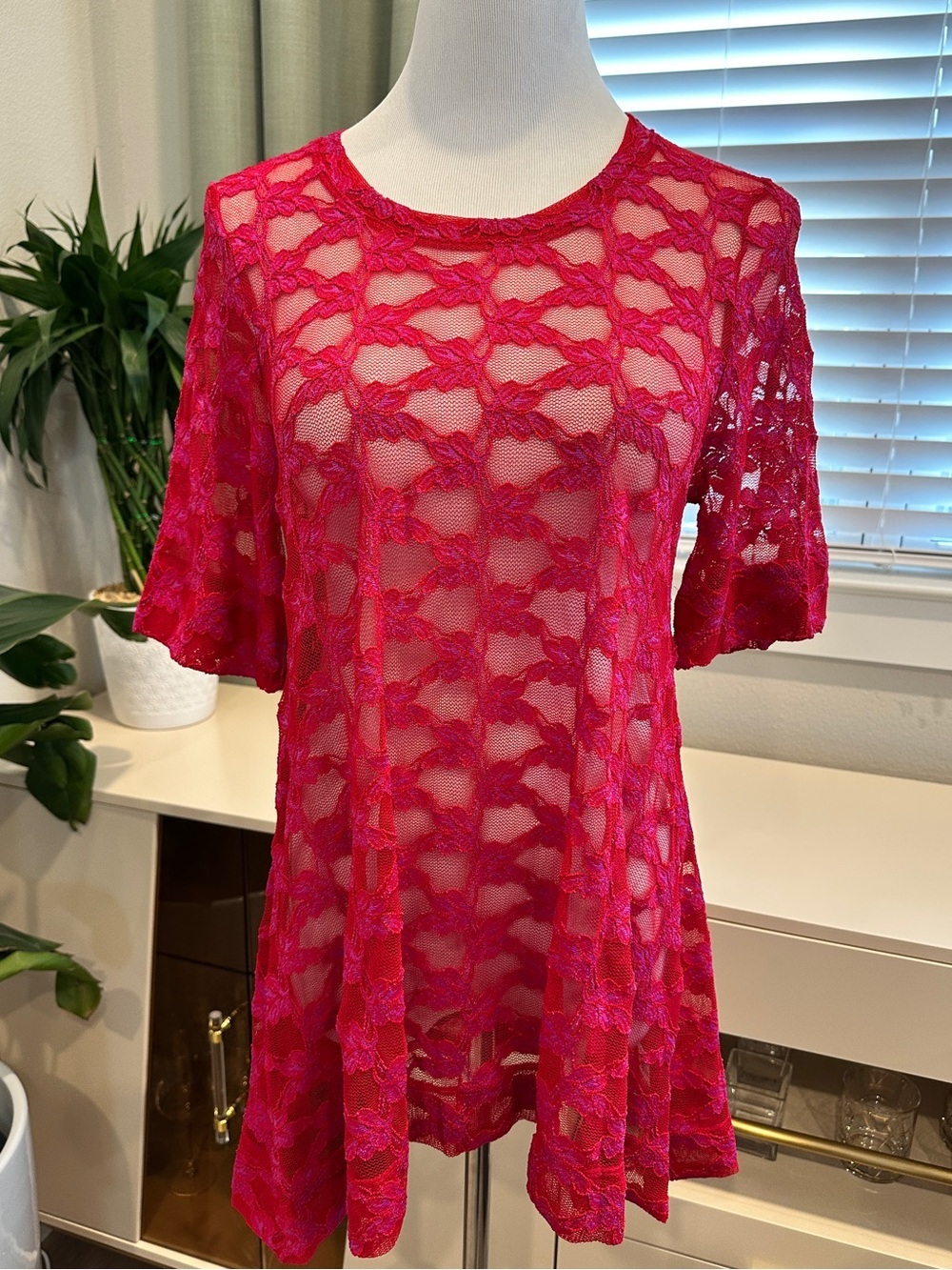 Nally & Millie Bright Pink Crochet Floral Sheer Top Tunic